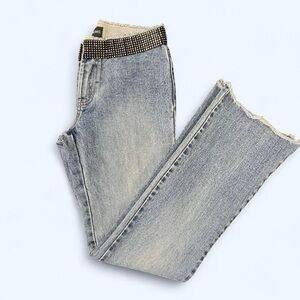 Y2k Ultra Low Rise Flare Jeans Sequin Belt Sz 1 / 2 Glam 2000s Vintage Denim